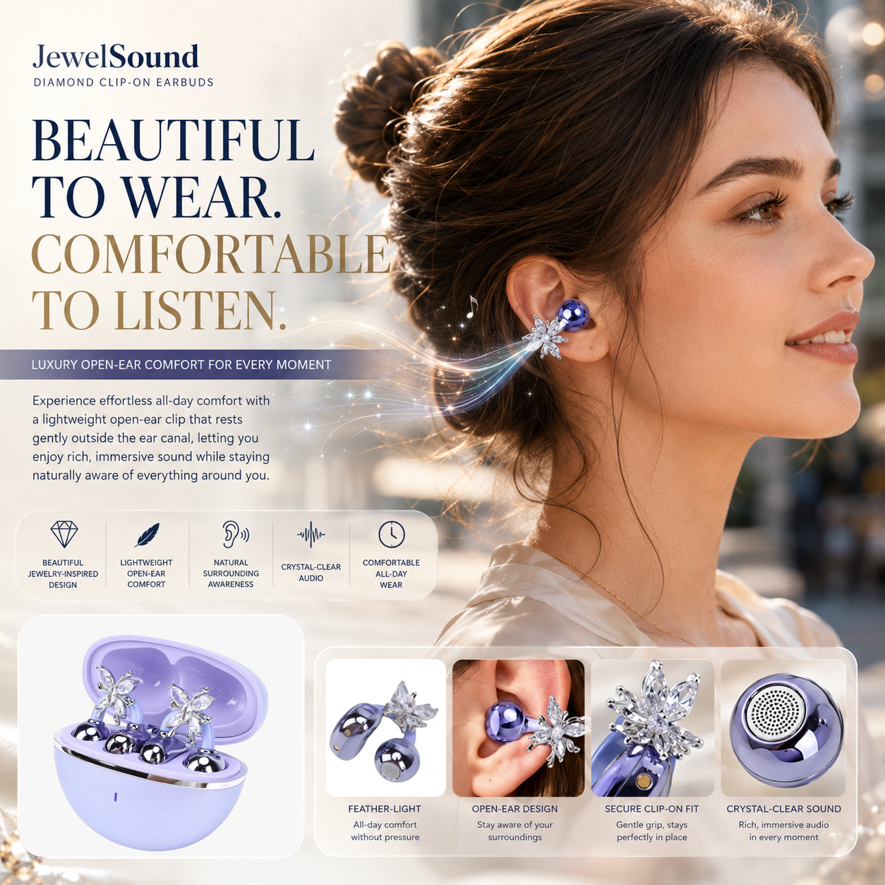 HiFiveGo™ JewelSound Diamond Clip-On Earbuds