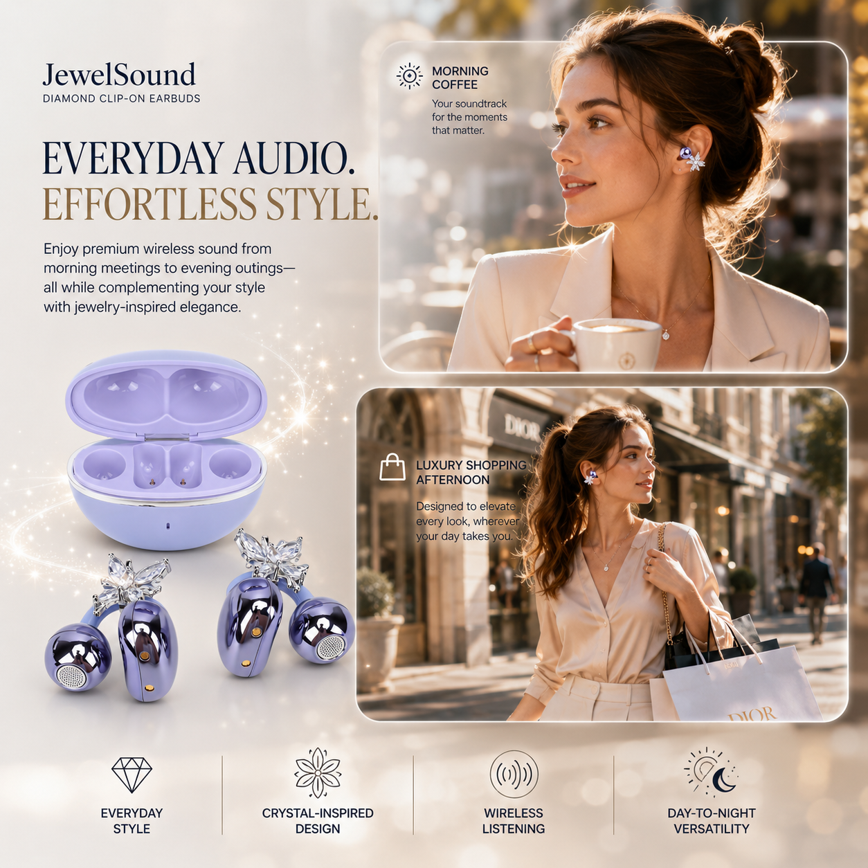 HiFiveGo™ JewelSound Diamond Clip-On Earbuds
